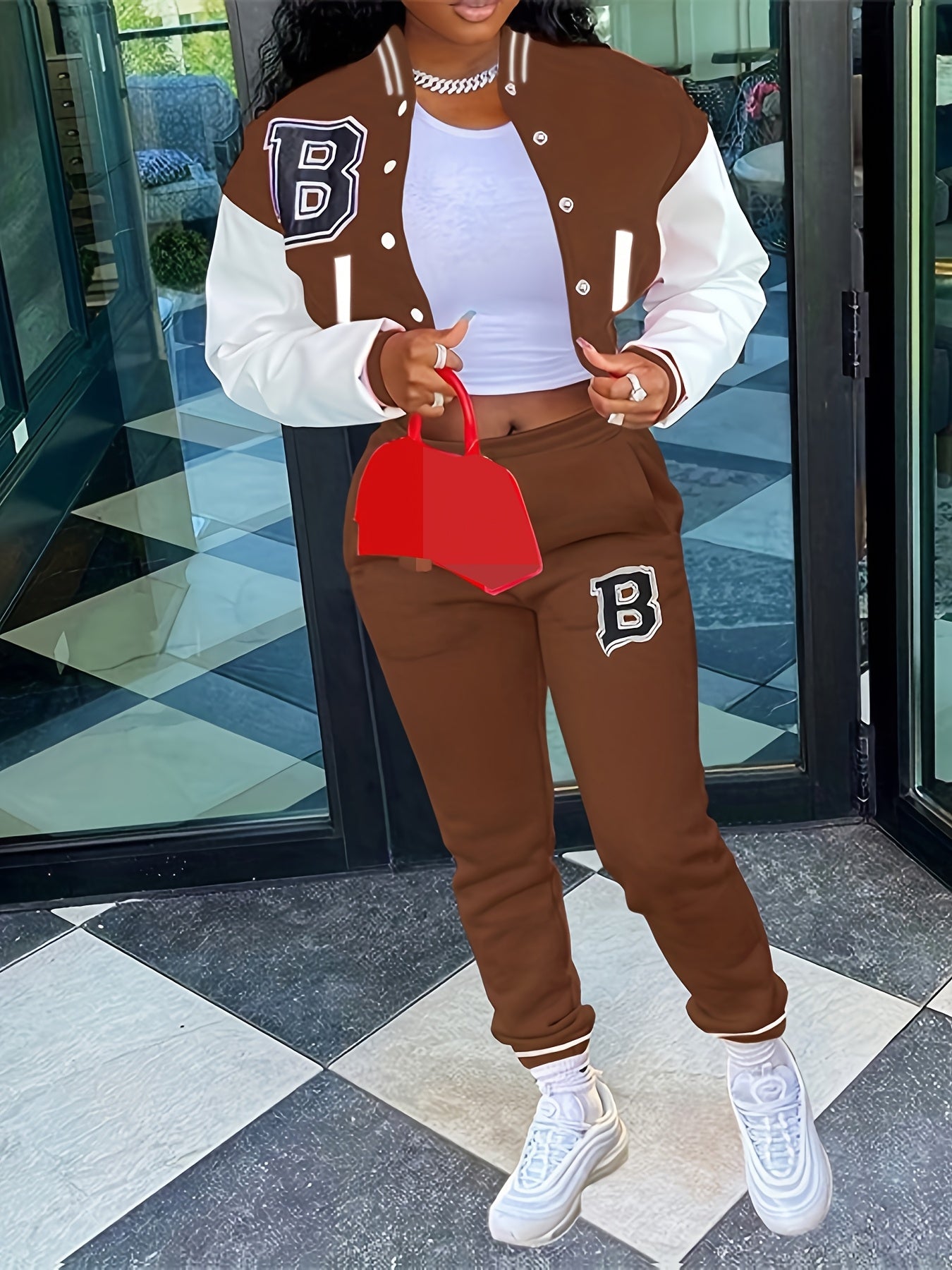 Chic, Women's Casual Letter Print Baseball Jacket and Pants Set - Red and White, Polyester Blend, Machine Washable, Fall/Winter Fashion Ensemble