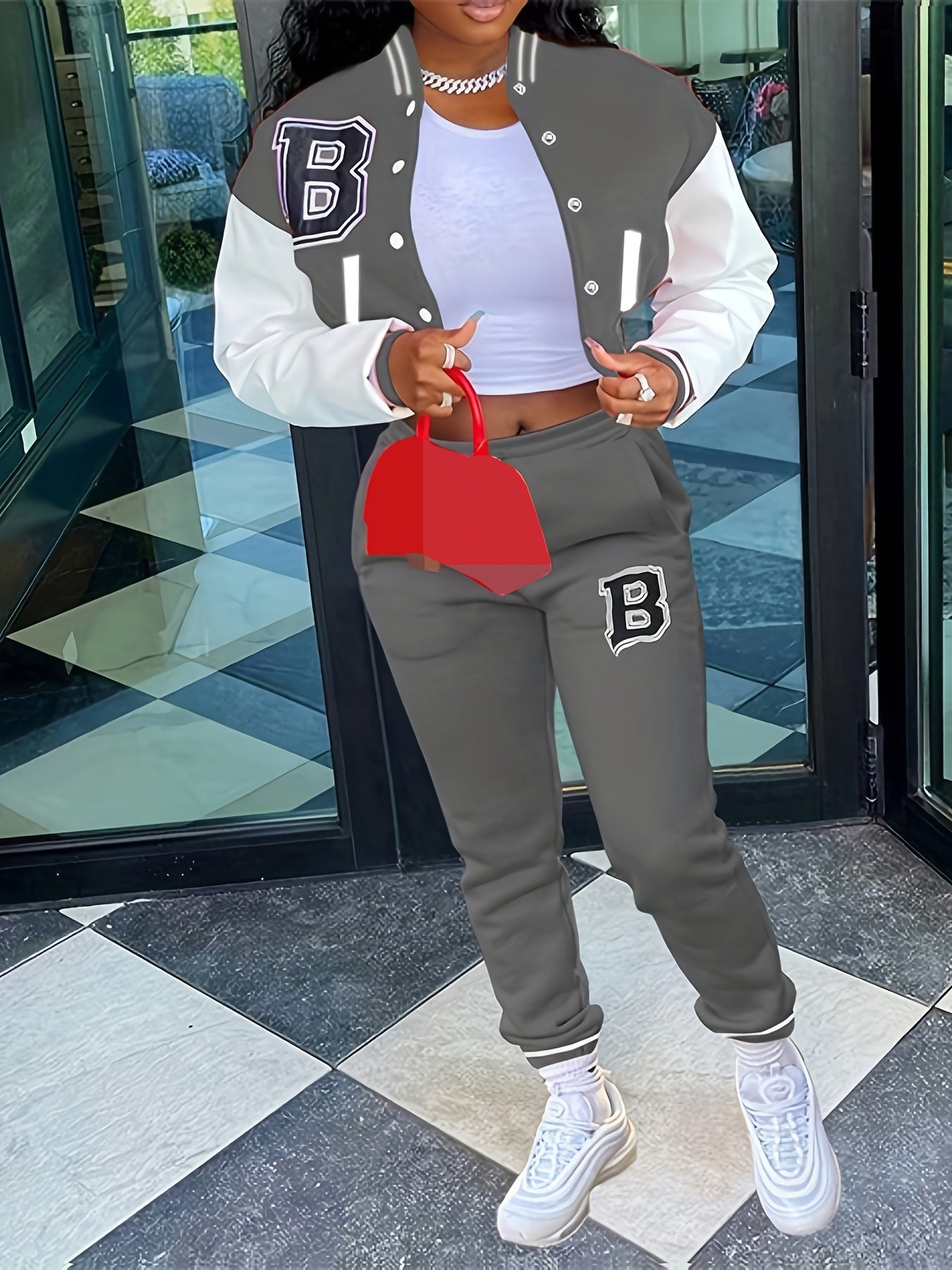 Chic, Women's Casual Letter Print Baseball Jacket and Pants Set - Red and White, Polyester Blend, Machine Washable, Fall/Winter Fashion Ensemble