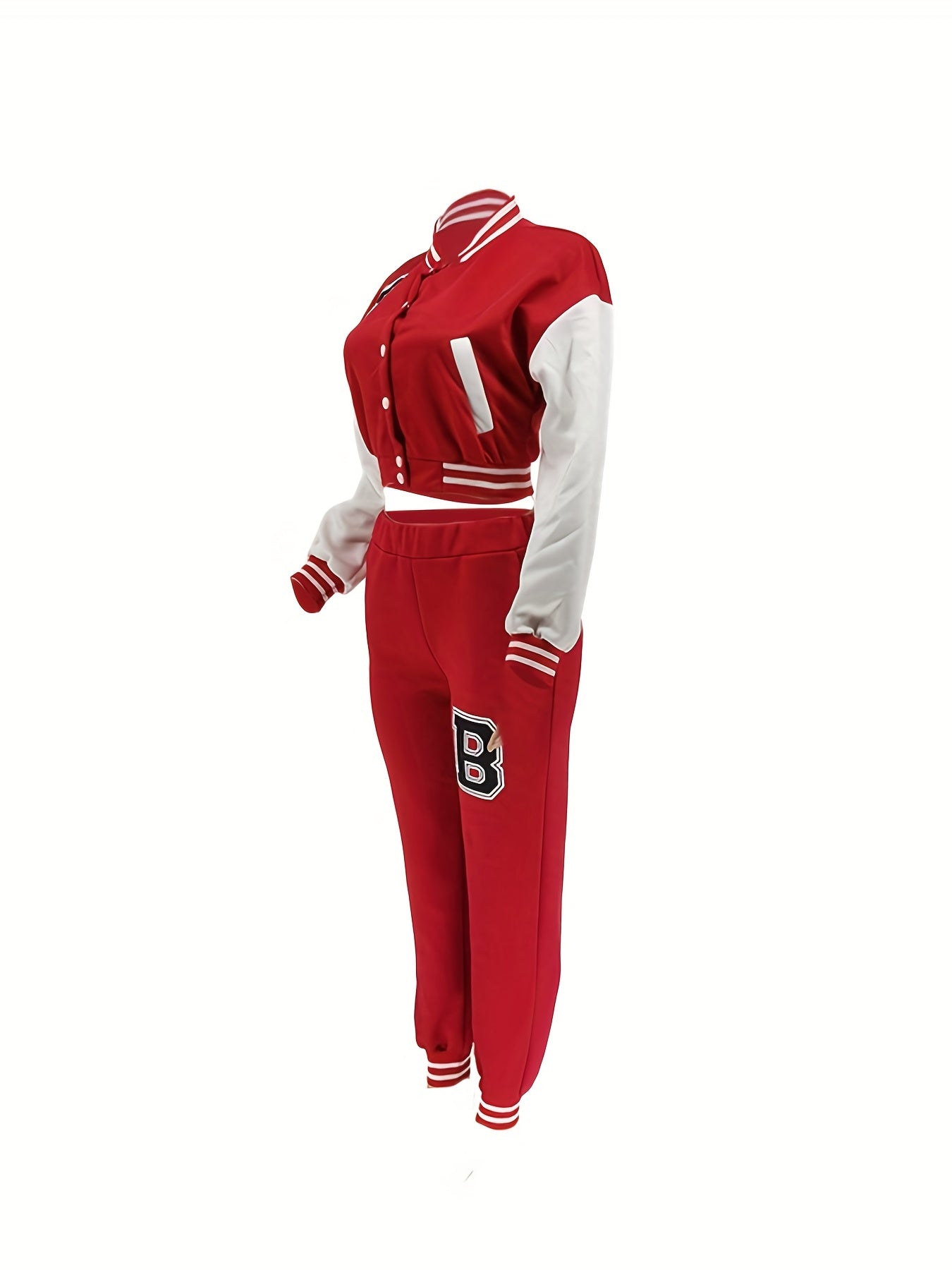 Chic, Women's Casual Letter Print Baseball Jacket and Pants Set - Red and White, Polyester Blend, Machine Washable, Fall/Winter Fashion Ensemble