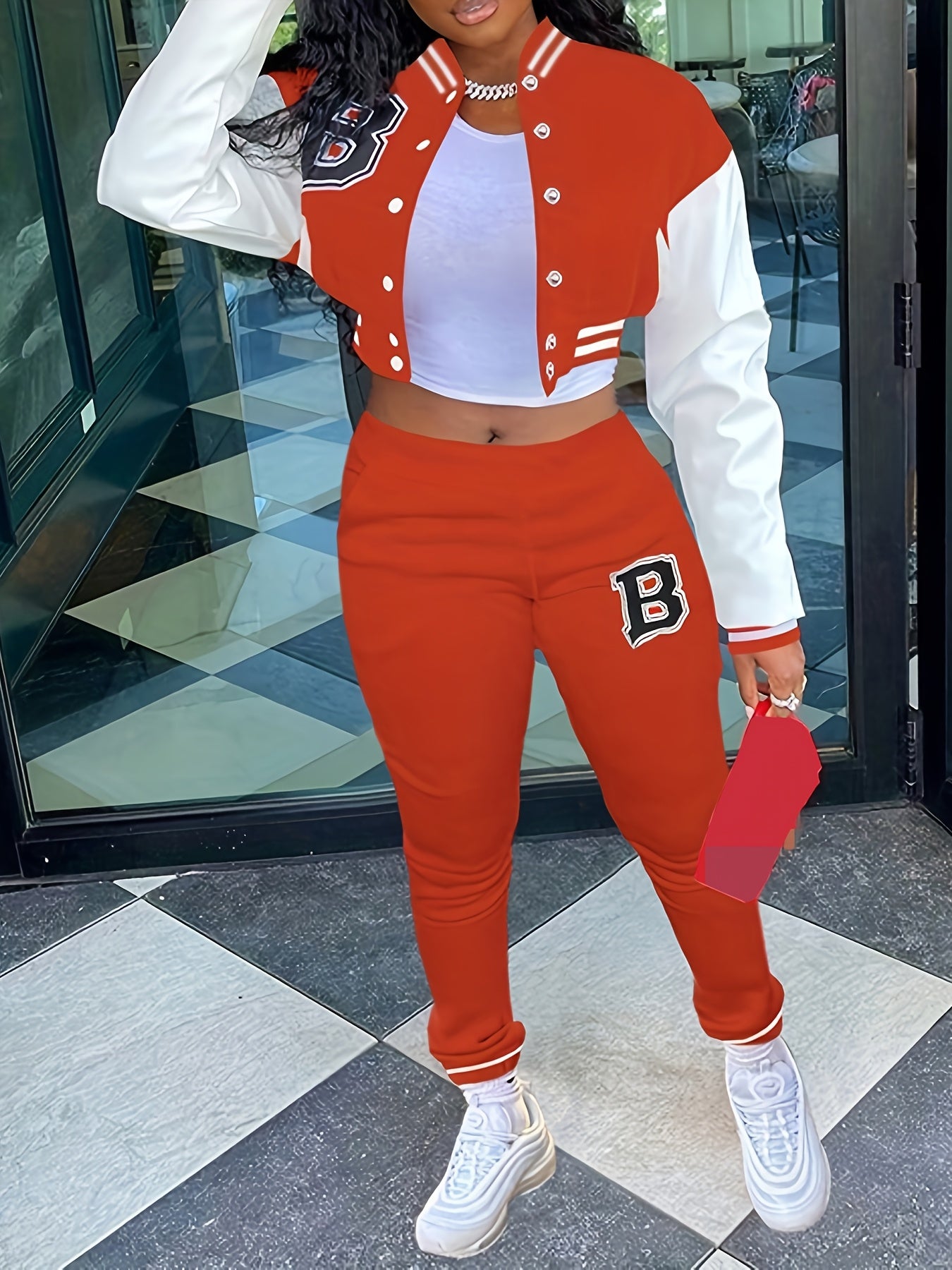 Chic, Women's Casual Letter Print Baseball Jacket and Pants Set - Red and White, Polyester Blend, Machine Washable, Fall/Winter Fashion Ensemble