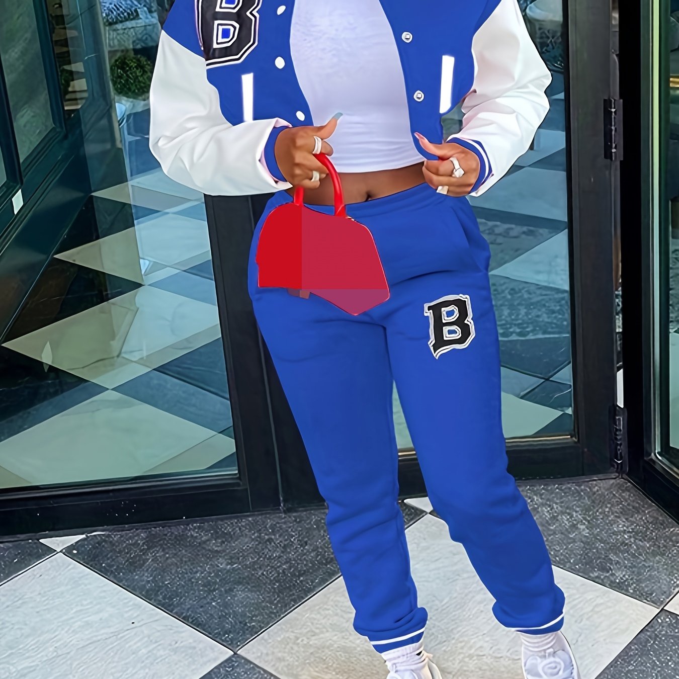 Chic, Women's Casual Letter Print Baseball Jacket and Pants Set - Red and White, Polyester Blend, Machine Washable, Fall/Winter Fashion Ensemble