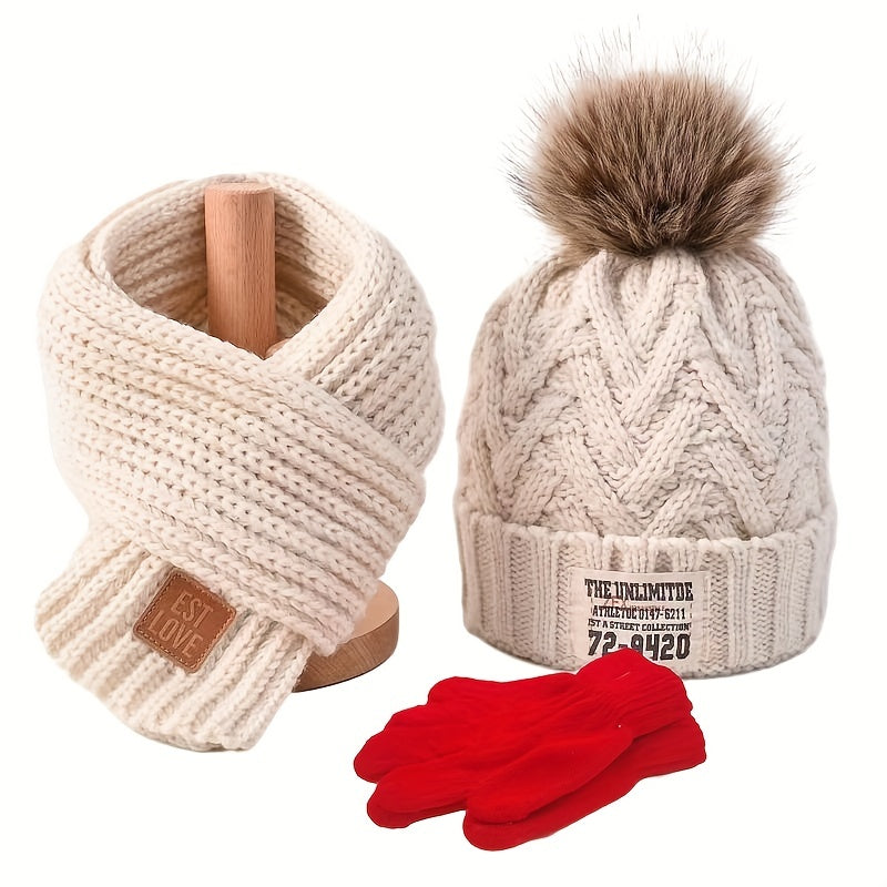 3pcs set of Youngsters's knitted beanie, scarf and gloves with extra fleece for warmth, suitable for autumn and winter seasons