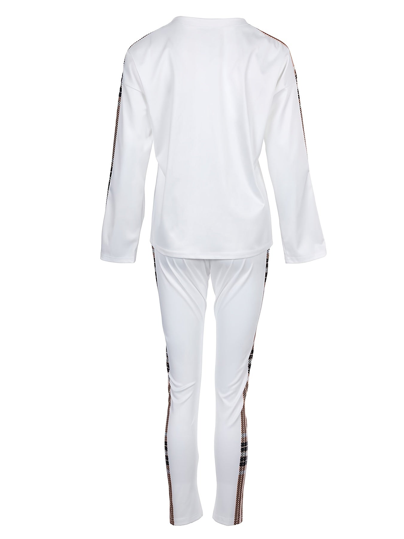 Trendy Two-Piece Plaid Panel Set - Long Sleeve Faith Print Tee with Slim Fit Elastic Waist Pants - Women's Casual Outfit for Daily Wear, Autumn and Winter Seasons