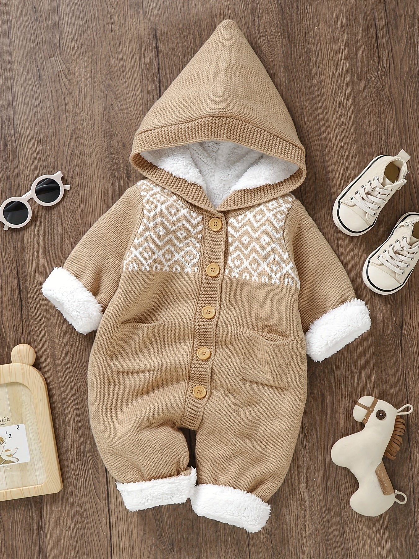 Long Sleeve Newborn Knitted Jumpsuit with Hooded Pants for Boys and Girls