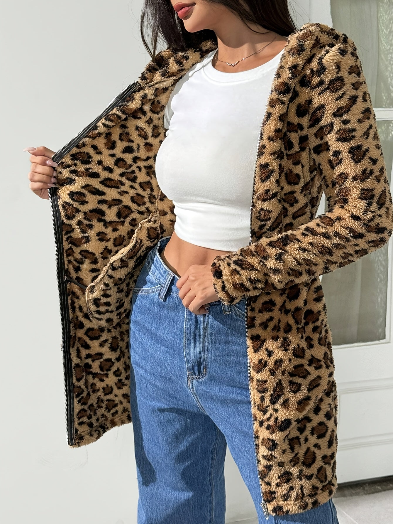 Women'S Casual Leopard Print Zipper Hooded Flannel Coat, Polyester 100% Knit Fabric, Winter Vest for Adult