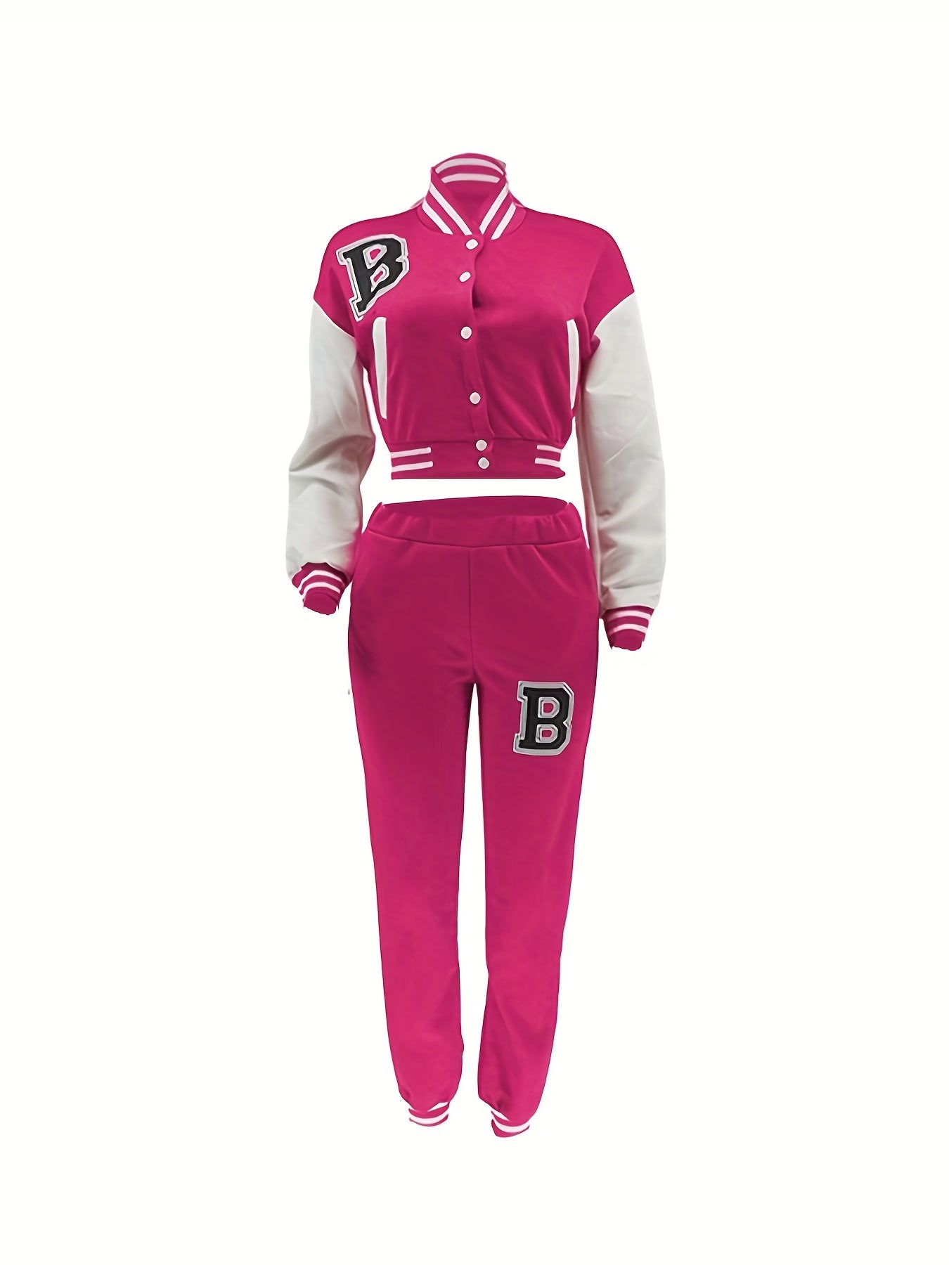 Chic, Women's Casual Letter Print Baseball Jacket and Pants Set - Red and White, Polyester Blend, Machine Washable, Fall/Winter Fashion Ensemble