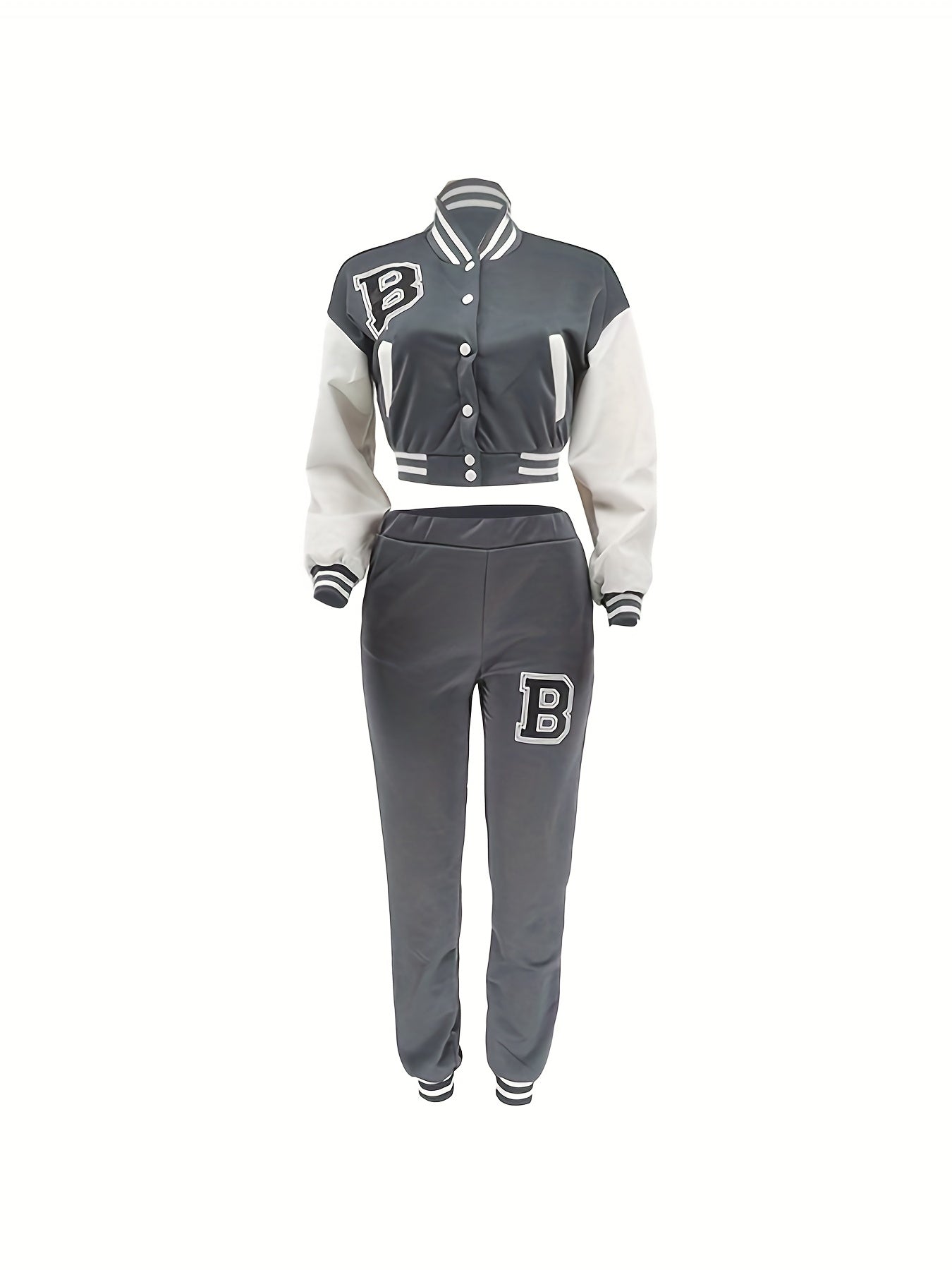 Chic, Women's Casual Letter Print Baseball Jacket and Pants Set - Red and White, Polyester Blend, Machine Washable, Fall/Winter Fashion Ensemble