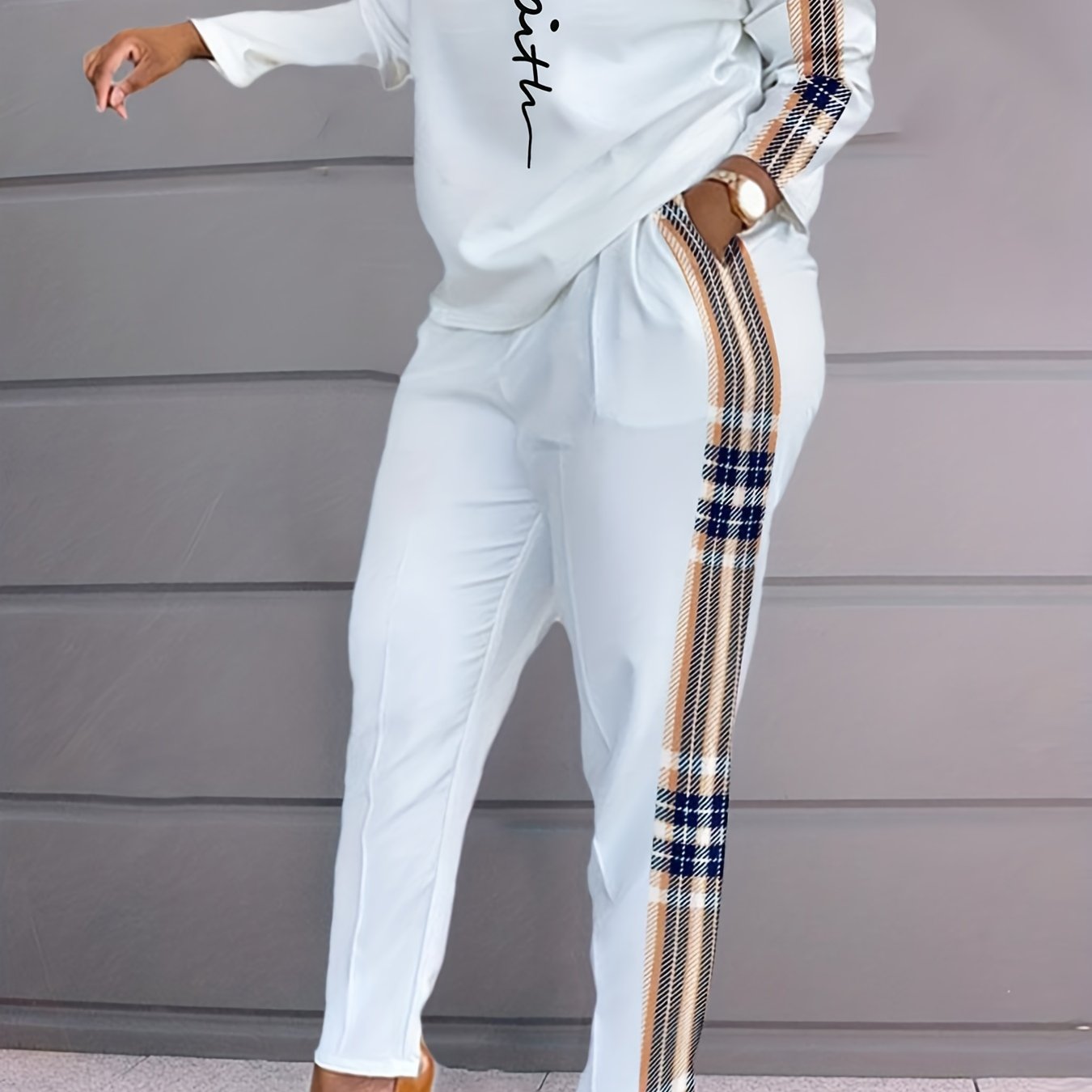 Trendy Two-Piece Plaid Panel Set - Long Sleeve Faith Print Tee with Slim Fit Elastic Waist Pants - Women's Casual Outfit for Daily Wear, Autumn and Winter Seasons