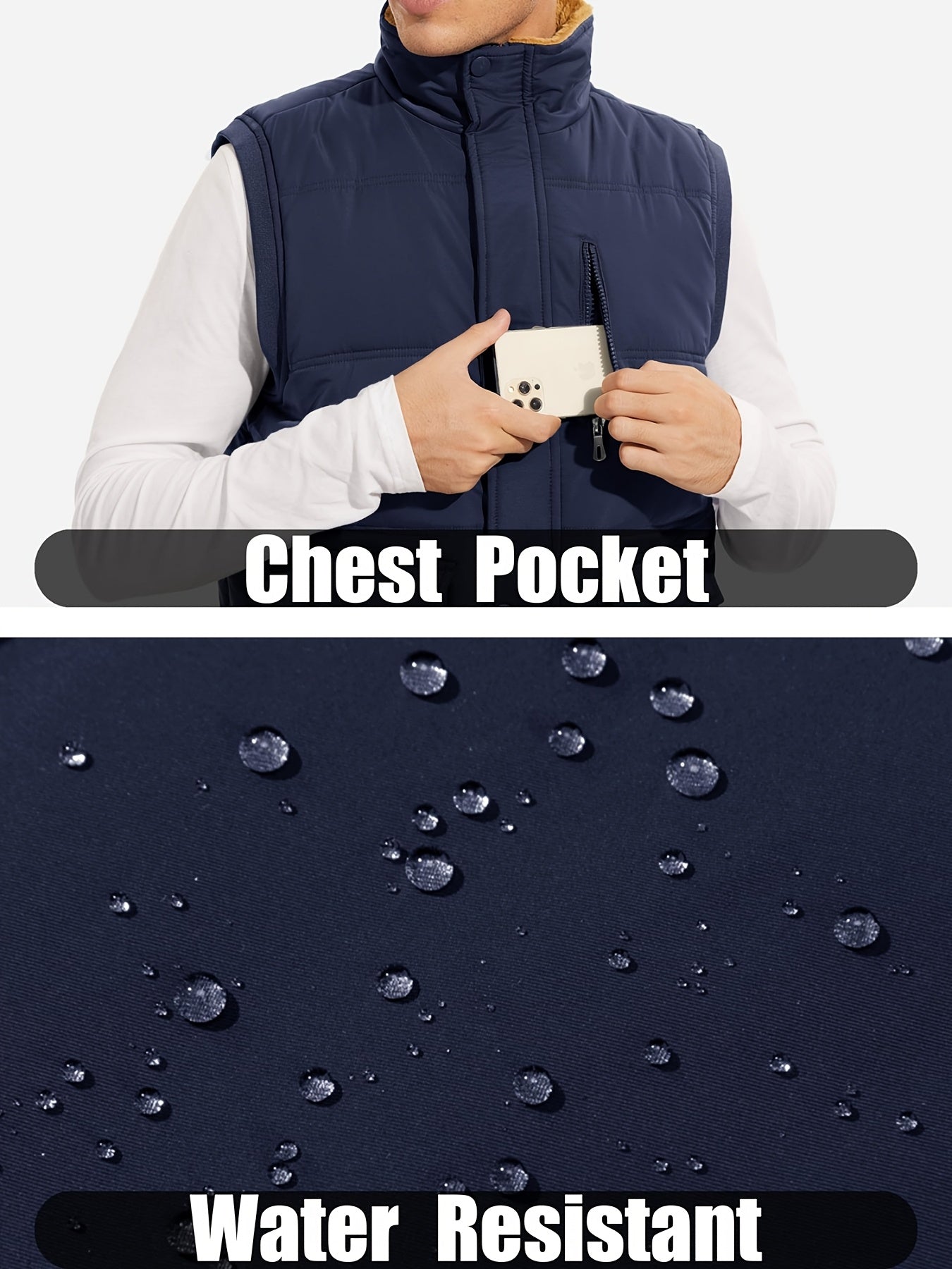 Men'S Windproof Vest with Fleece Lining - Soft, Warm, and, Multiple Pockets, Zippered Chest Pocket, Flap Button Side Pockets, One Inner Pocket, Windbreaker + Stand Collar Design for Outdoor Casual Wear, Winter Vest, H Stand C
