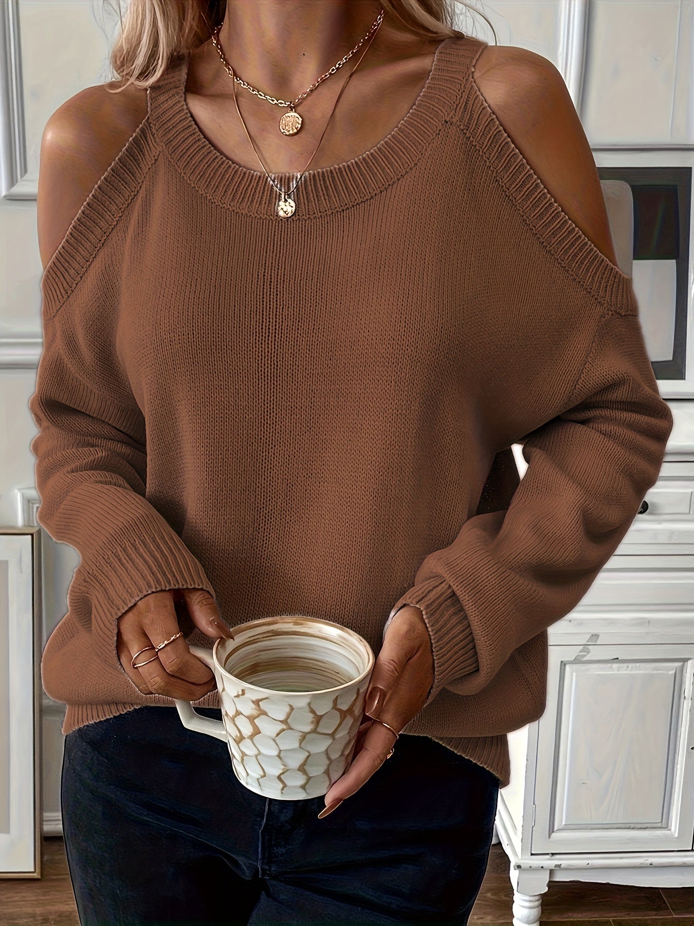 1pc Women'S Knit Pullover Sweater, Round Neck, Shoulder Detail, Solid Color, Acrylic Blend, 277g/m² Fabric Weight, for Autumn/Winter Season