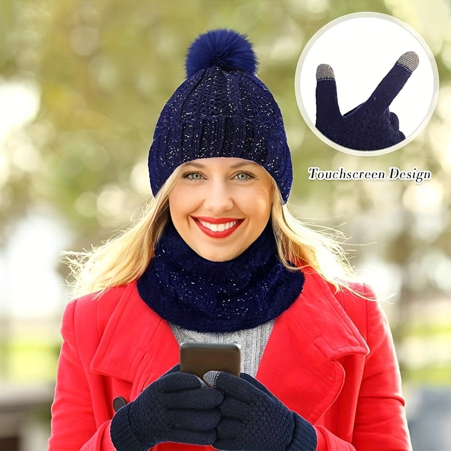 32pcs Winter Women Hat Scarf Gloves Sets Warm Fleece Lined Knit Ladies Cap Neck Scarf Touch Screen Gloves with Socks, Hat Scarf Gloves Sets