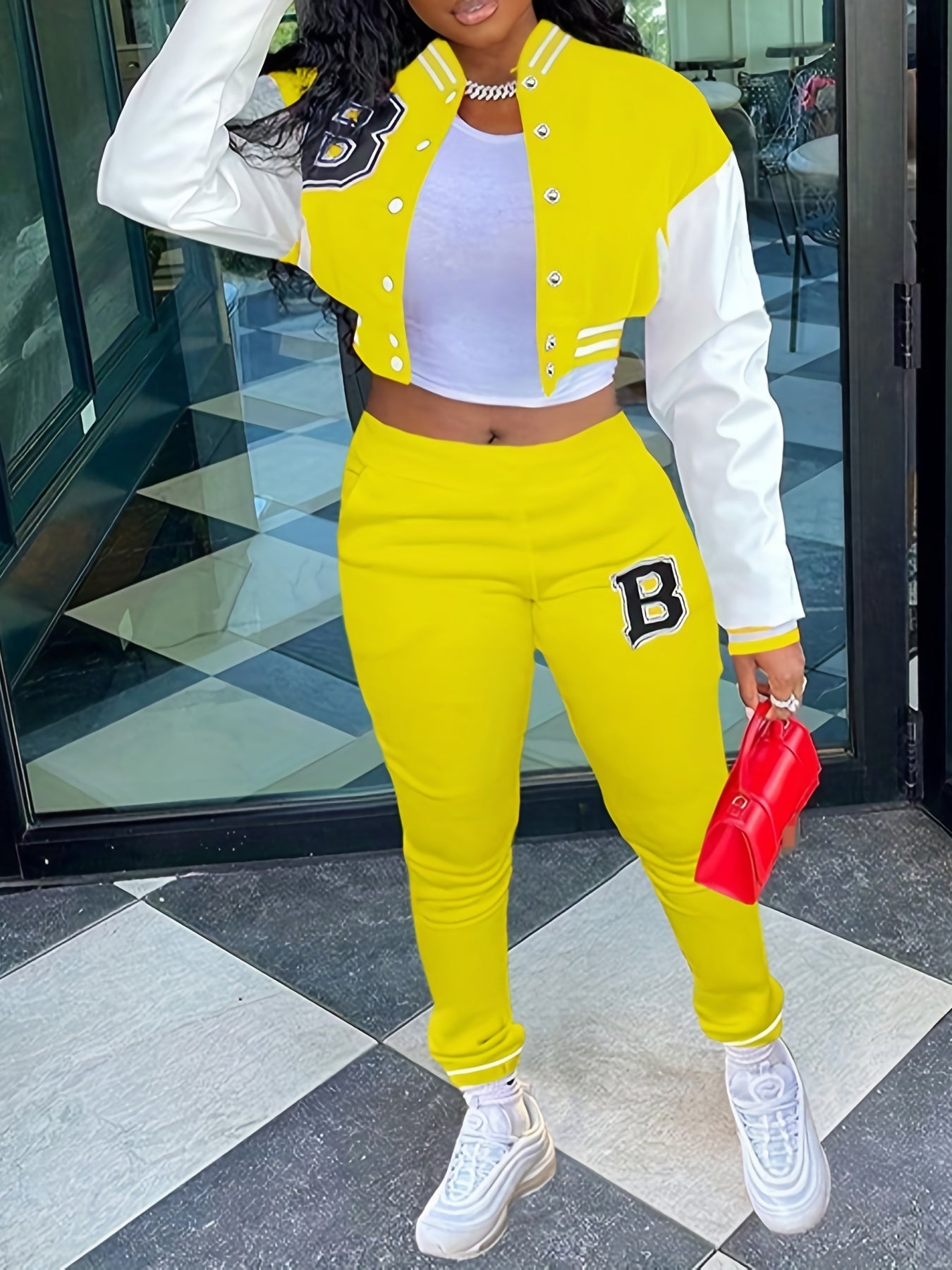 Chic, Women's Casual Letter Print Baseball Jacket and Pants Set - Red and White, Polyester Blend, Machine Washable, Fall/Winter Fashion Ensemble