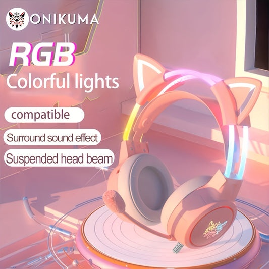 ONIKUMA X15pro, Wired Gaming Headset With Detachable Cat Ears, RGB, Removable Mic, Compatible With PC Mobile, Over-Ear Luminous Wired Gaming Headset