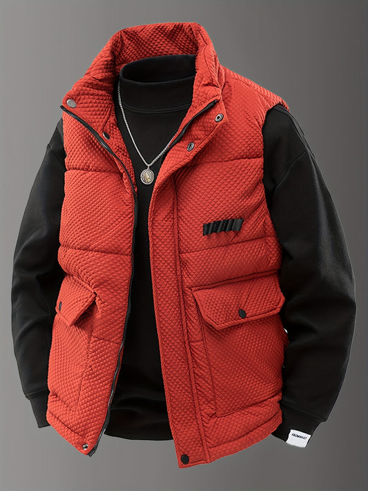 Men'S Heavy-Duty Winter Vest - Windproof Thermal Insulated Jacket with Stand-Up Collar, Red/Black Color Block - Non-Stretch Fabric for Cold Weather, Construction, Outdoor Activities - Easy-Care Workwear Coat for Everyday & Fo