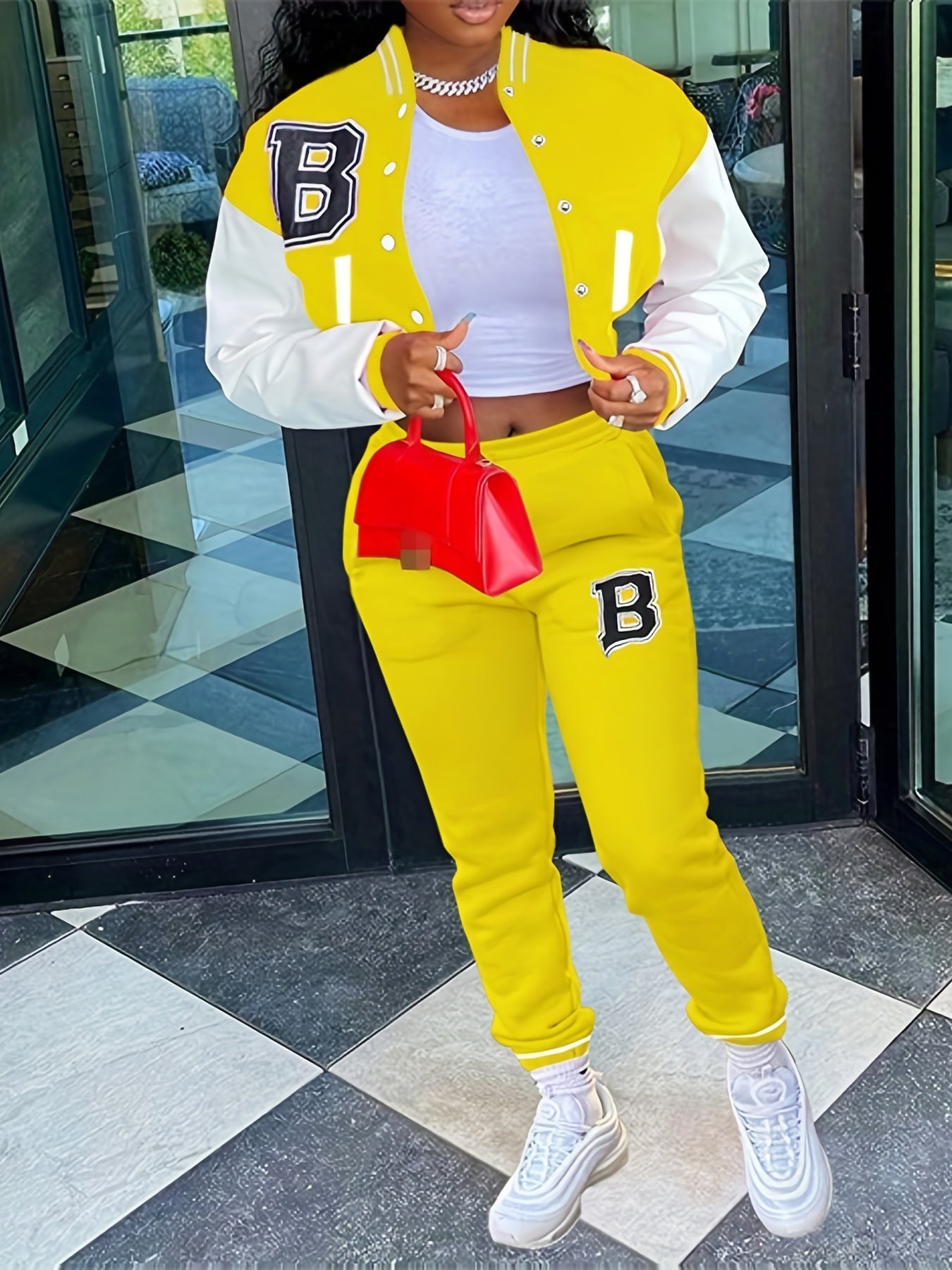 Chic, Women's Casual Letter Print Baseball Jacket and Pants Set - Red and White, Polyester Blend, Machine Washable, Fall/Winter Fashion Ensemble