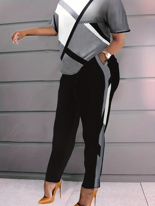 Plus Size Casual Outfits Set, Women's Plus Colorblock Geometric Print Long Sleeve Round Neck Top & Pants With Pockets Outfits 2 Piece Set