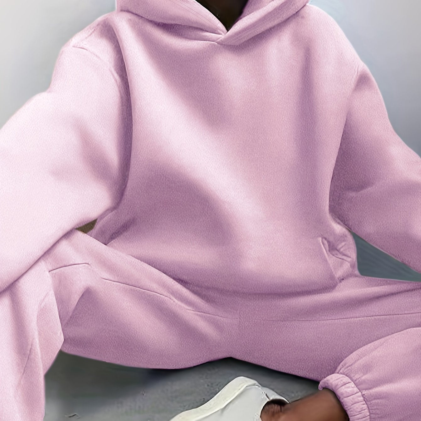 Two-Piece Hooded Set - Soft Polyester Knit Fabric, Drop Shoulder Long Sleeve Hoodie with Pocket, Elastic Waist Jogger Pants for Women, Casual Solid Color Outfit for Fall and Winter Seasons