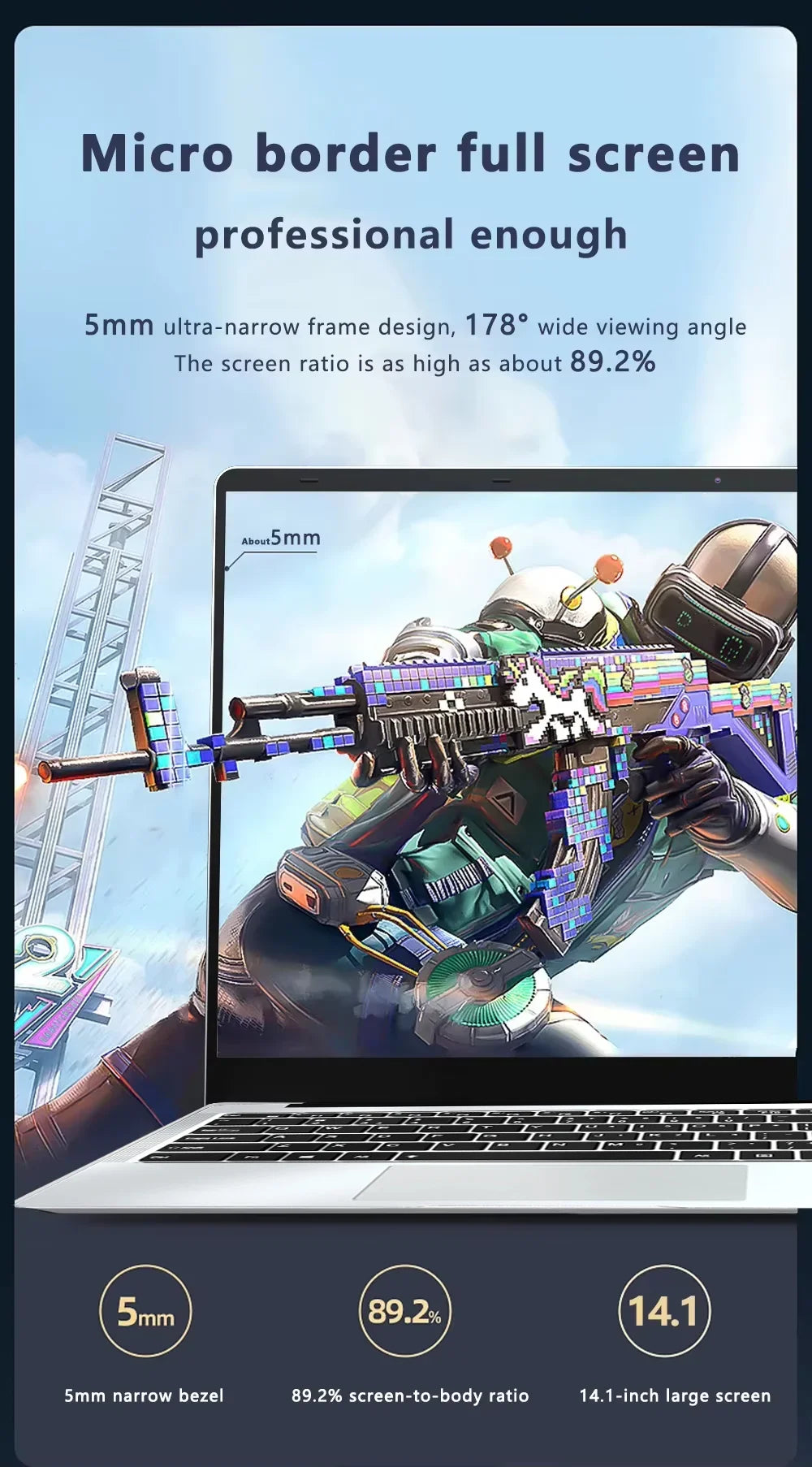 14.1'' Laptop Windows 11 Intel Atom x7 A3950 180° Folding Slim Laptop 12GB RAM 512GB 1TB SSD 1920*1080 Office Study Computer PC