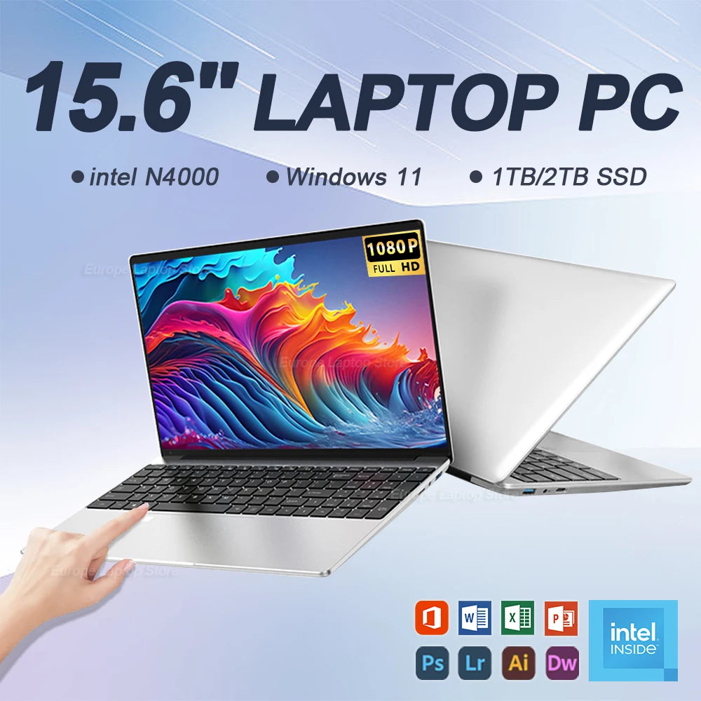 15.6" Laptop Computer Intel Celeron N4000 Notebook PC Fingerprint Unlock Windows 11 Pro 16GB DDR4 512GB 1TB SSD HD 1080P Laptops