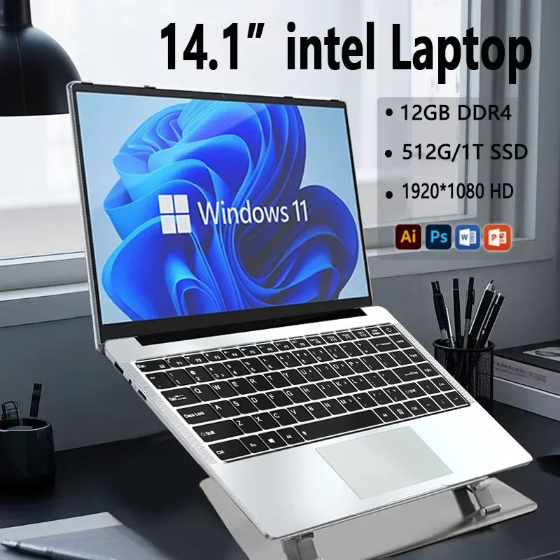 14.1'' Laptop Windows 11 Intel Atom x7 A3950 180° Folding Slim Laptop 12GB RAM 512GB 1TB SSD 1920*1080 Office Study Computer PC