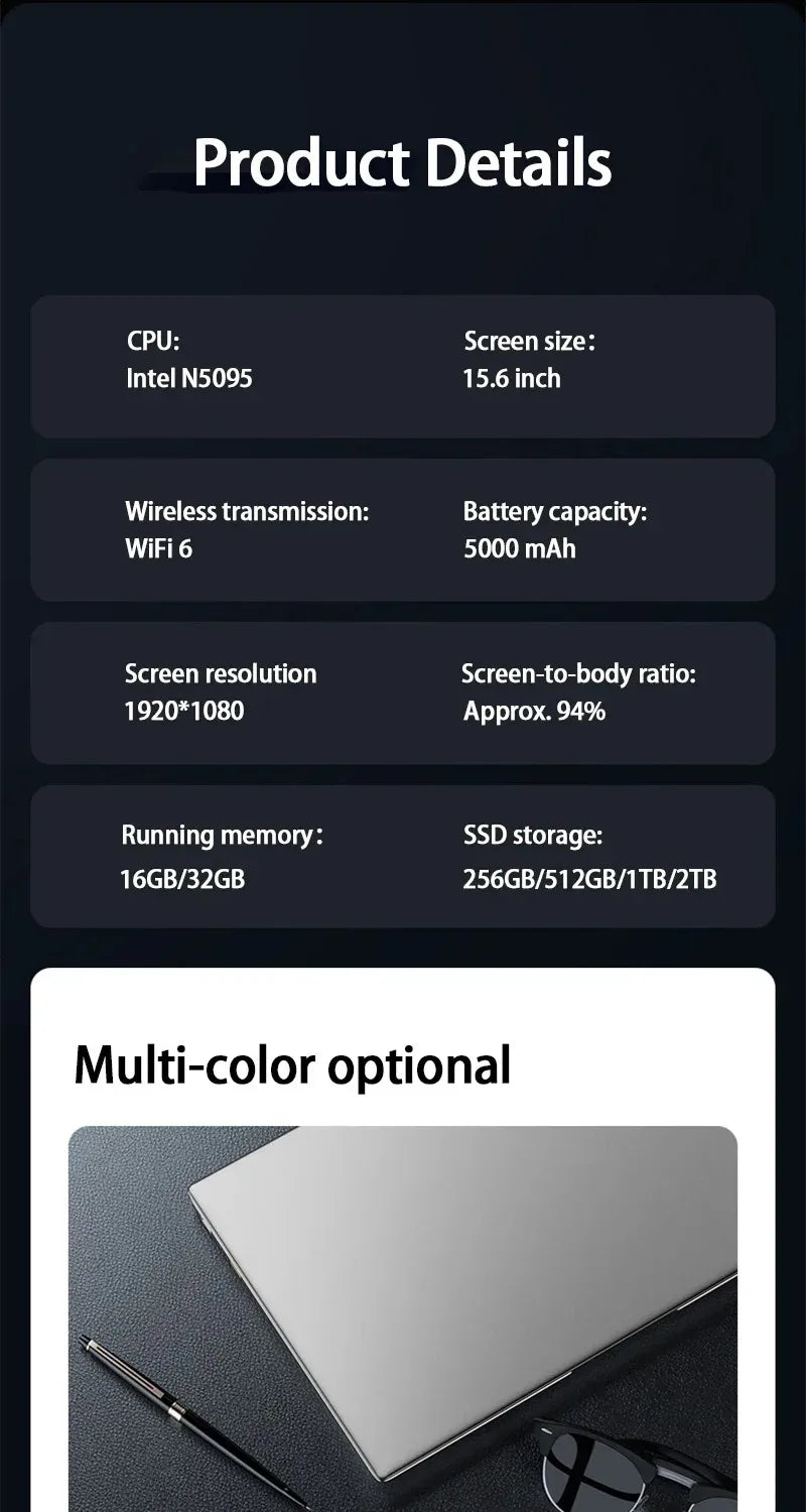 Laptop Computer 15.6 Inch CPU Intel N5095 16GB RAM 1TB WiFi6 Lightweight Business Computer Notebook Windows 11 Gaming laptops