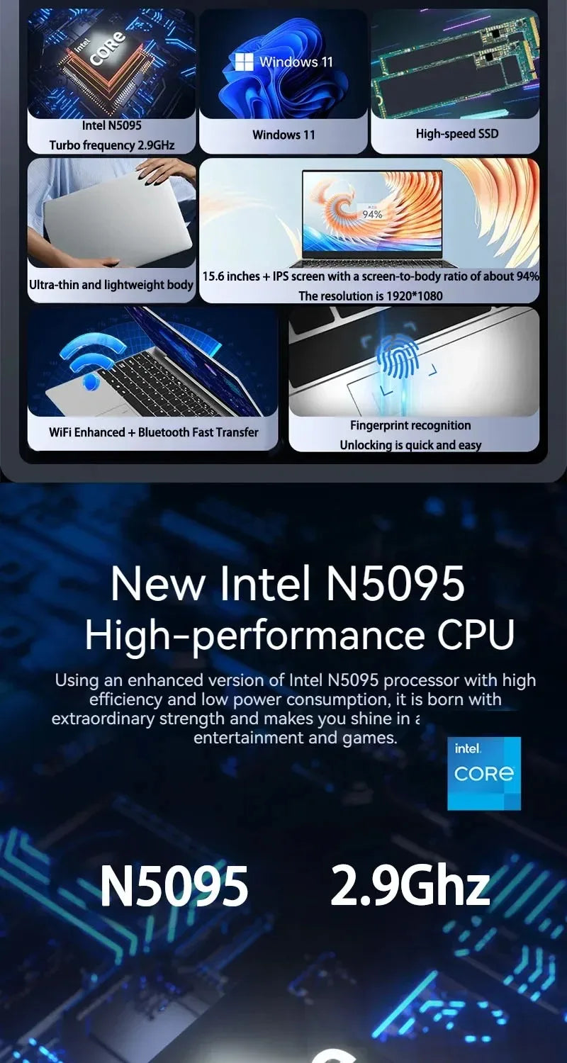 Laptop Computer 15.6 Inch CPU Intel N5095 16GB RAM 1TB WiFi6 Lightweight Business Computer Notebook Windows 11 Gaming laptops