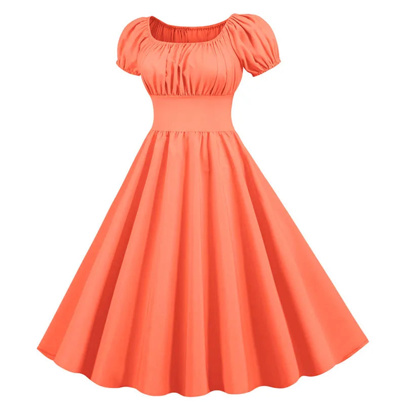 Women Vintage Dress Robe Elegant Party  Casual Office Midi Dress Femme Summer Puff Sleeve Square Collar Solid Red