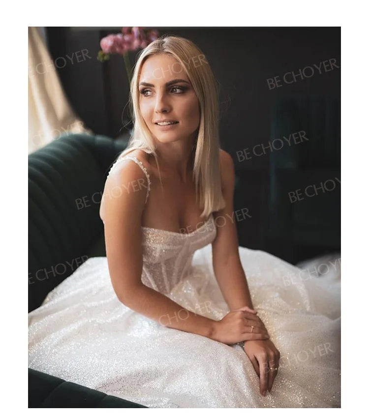 Wedding Dress Shiny Sleeveless A-Line Beach Beaded 2025 Boho Party Bride Gown Princess BECHOYER PT02 customized Vestido De Noiva