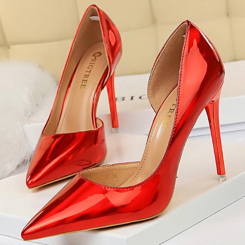 Patent Leather Woman Pumps BIGTREE Shoes New High Heels Shoes Sexy Women Heels Pointed Toe Women Basic Pump Heels Plus Size 43
