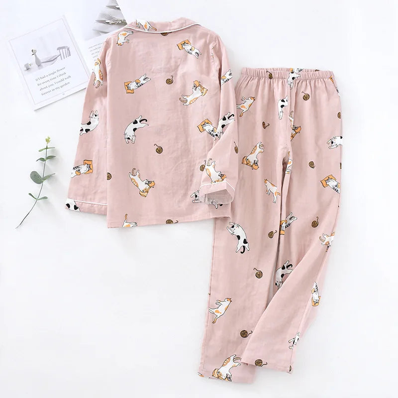 Japanese spring and autumn couples cotton gauze pajamas suit men's cotton four seasons long-sleeved trousers home service women