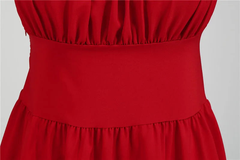 Women Vintage Dress Robe Elegant Party  Casual Office Midi Dress Femme Summer Puff Sleeve Square Collar Solid Red