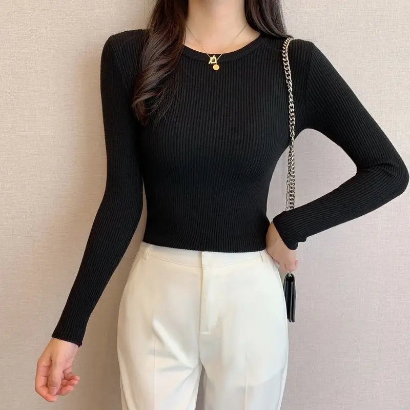 Rimocy 2025 Basic O-Neck Slim Fit Pullover for Women Spring Autumn Long Sleeve Knitted Sweaters Woman Solid Wild Women's Jumper