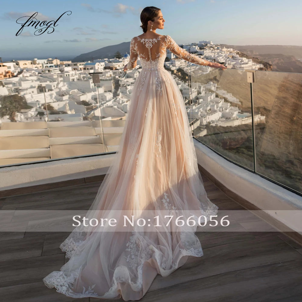 Customized Sexy Illusion Long Sleeve Lace Mermaid Wedding Dresses Luxury Appliques Button Detachable Train Trumpet Bride Gown