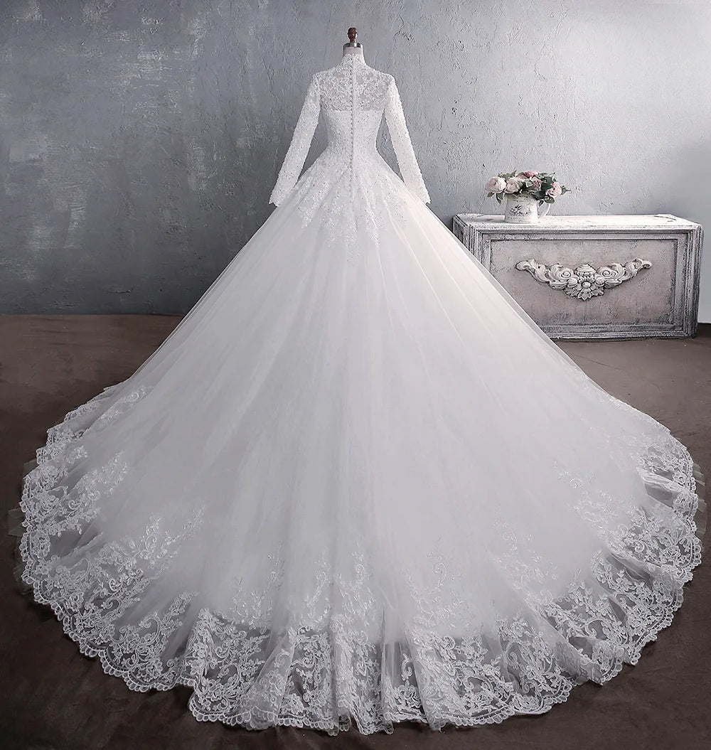 Muslim Wedding Dress 2024 Elegant High Neck With Train Princess Bride Dress Luxury Lace Wedding Gown Customized Vestido De Noiva