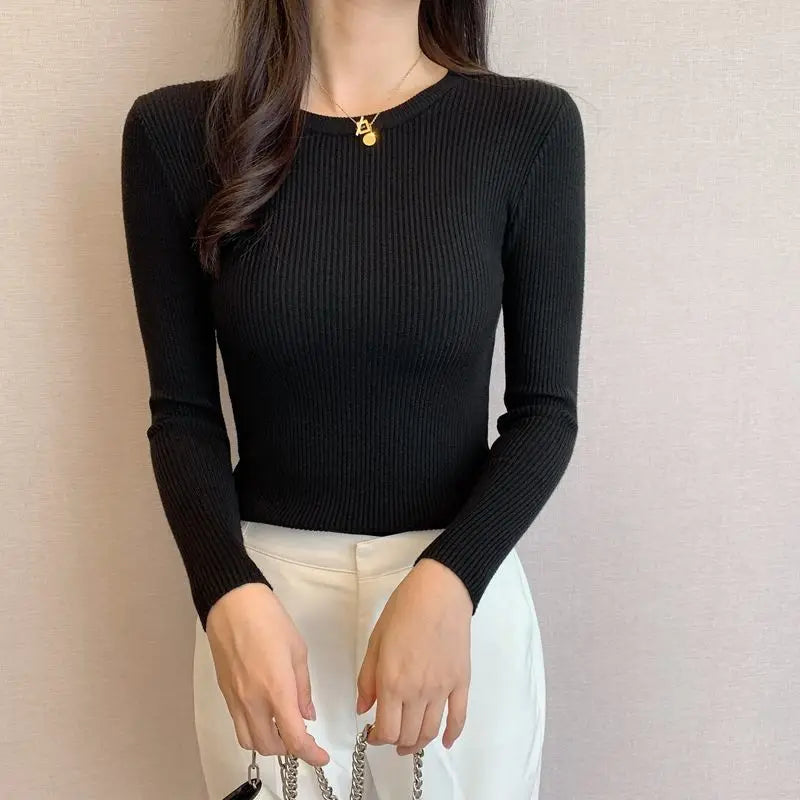Rimocy 2025 Basic O-Neck Slim Fit Pullover for Women Spring Autumn Long Sleeve Knitted Sweaters Woman Solid Wild Women's Jumper