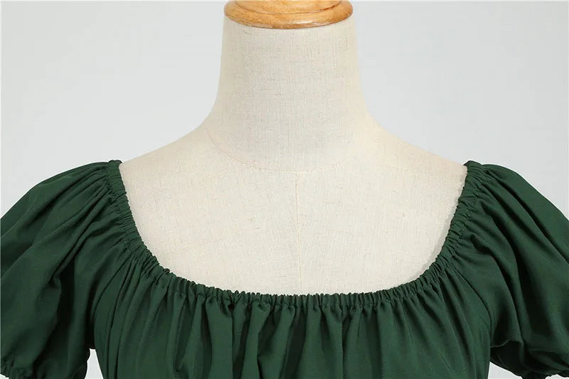 Women Vintage Dress Robe Elegant Party  Casual Office Midi Dress Femme Summer Puff Sleeve Square Collar Solid Red