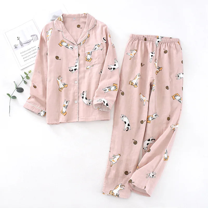 Japanese spring and autumn couples cotton gauze pajamas suit men's cotton four seasons long-sleeved trousers home service women