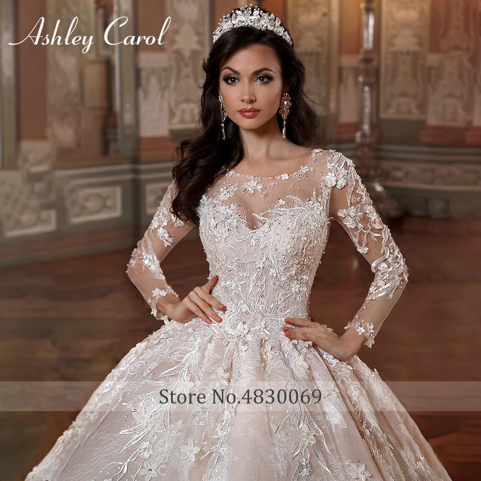 Ashley Carol Lace Ball Gown Wedding Dresses Sexy Vestido De Noiva Long Sleeve Appliques Lace Up Luxury Cathedral Wedding Gowns