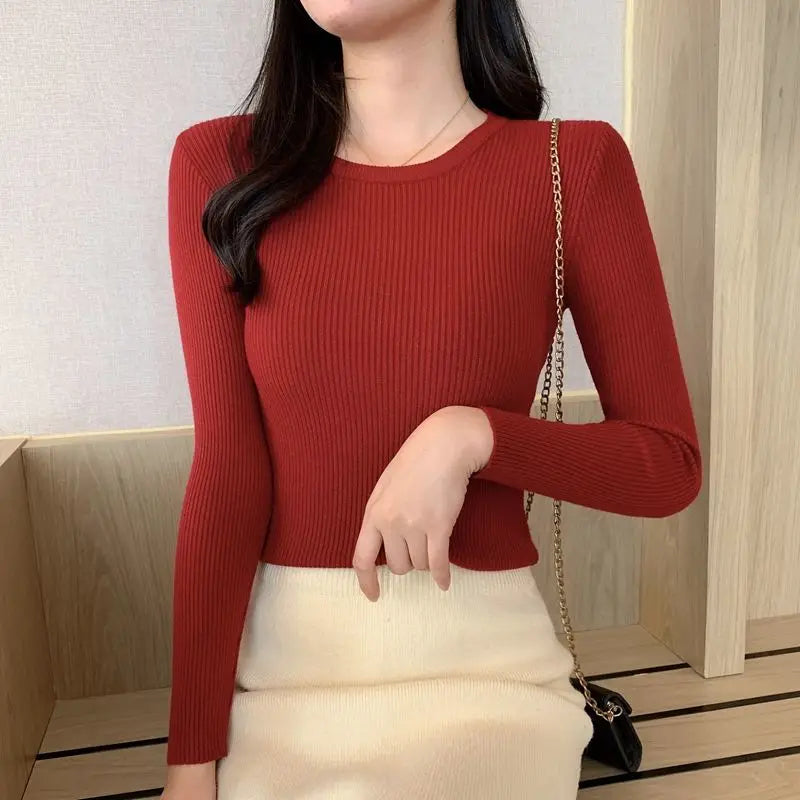 Rimocy 2025 Basic O-Neck Slim Fit Pullover for Women Spring Autumn Long Sleeve Knitted Sweaters Woman Solid Wild Women's Jumper