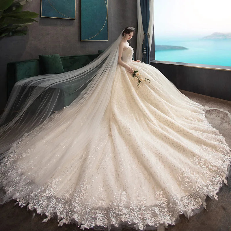 Strapless Wedding Gown With Train Shiny Wedding Party Ball Gown Luxury Lace Robe De Mariee Customized Plus Size