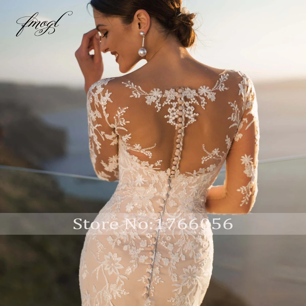 Customized Sexy Illusion Long Sleeve Lace Mermaid Wedding Dresses Luxury Appliques Button Detachable Train Trumpet Bride Gown