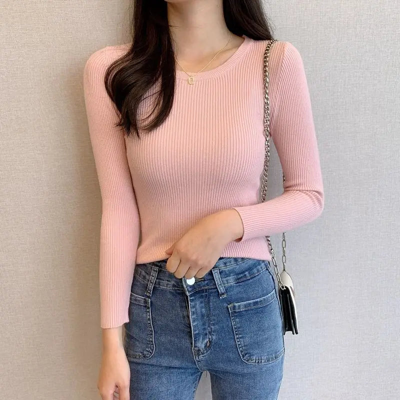 Rimocy 2025 Basic O-Neck Slim Fit Pullover for Women Spring Autumn Long Sleeve Knitted Sweaters Woman Solid Wild Women's Jumper