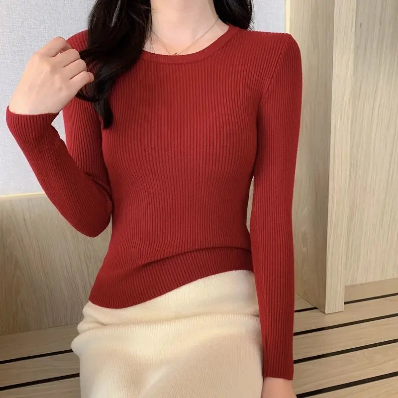 Rimocy 2025 Basic O-Neck Slim Fit Pullover for Women Spring Autumn Long Sleeve Knitted Sweaters Woman Solid Wild Women's Jumper
