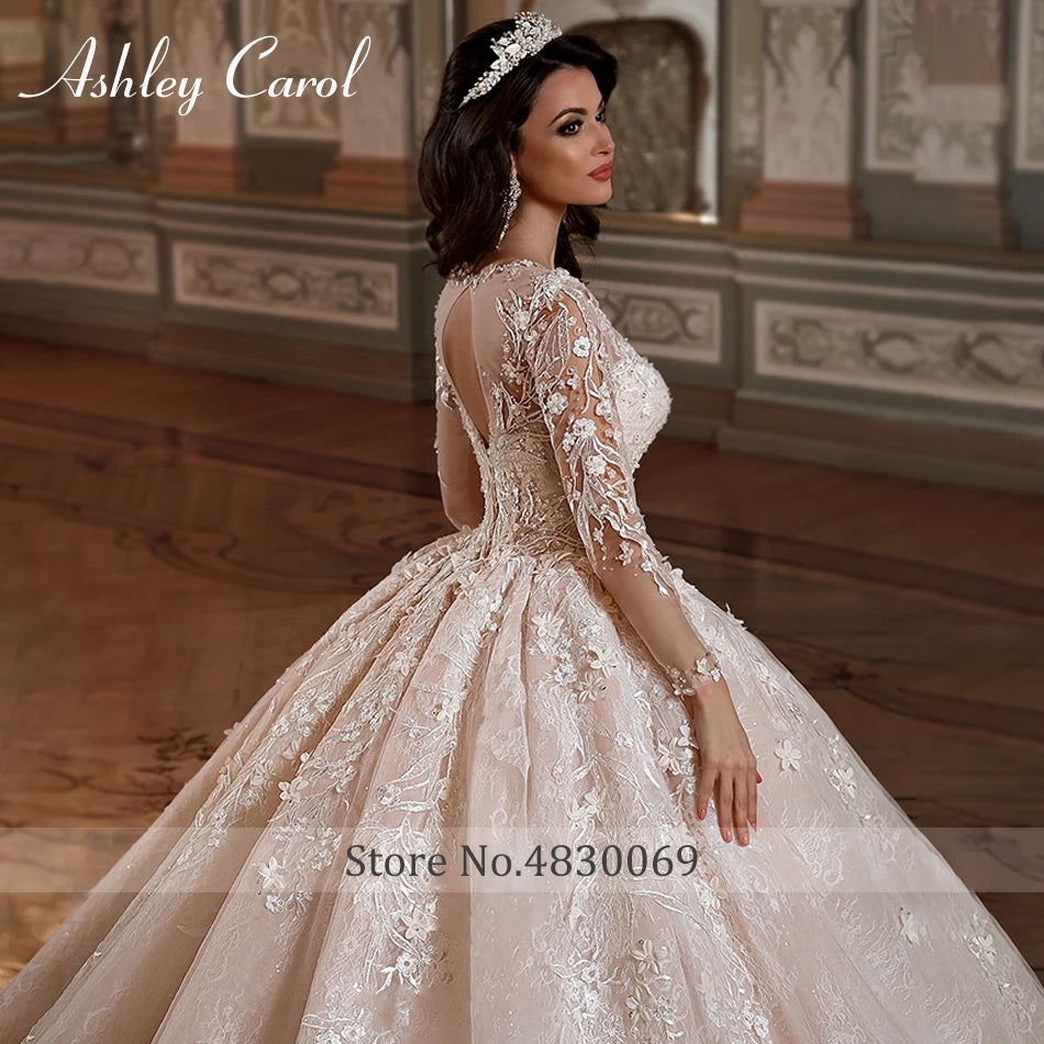 Ashley Carol Lace Ball Gown Wedding Dresses Sexy Vestido De Noiva Long Sleeve Appliques Lace Up Luxury Cathedral Wedding Gowns