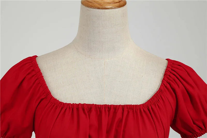 Women Vintage Dress Robe Elegant Party  Casual Office Midi Dress Femme Summer Puff Sleeve Square Collar Solid Red