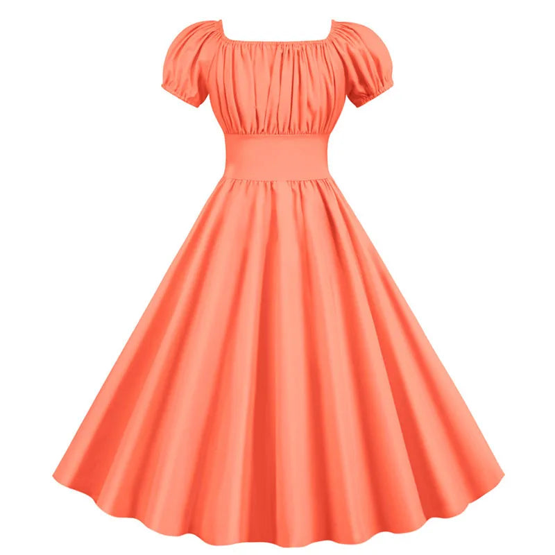 Women Vintage Dress Robe Elegant Party  Casual Office Midi Dress Femme Summer Puff Sleeve Square Collar Solid Red