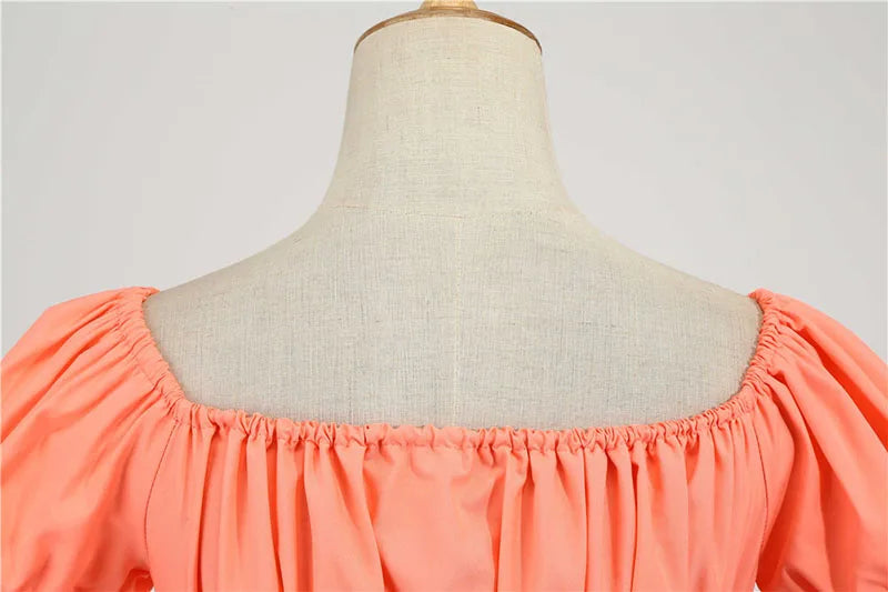 Women Vintage Dress Robe Elegant Party  Casual Office Midi Dress Femme Summer Puff Sleeve Square Collar Solid Red