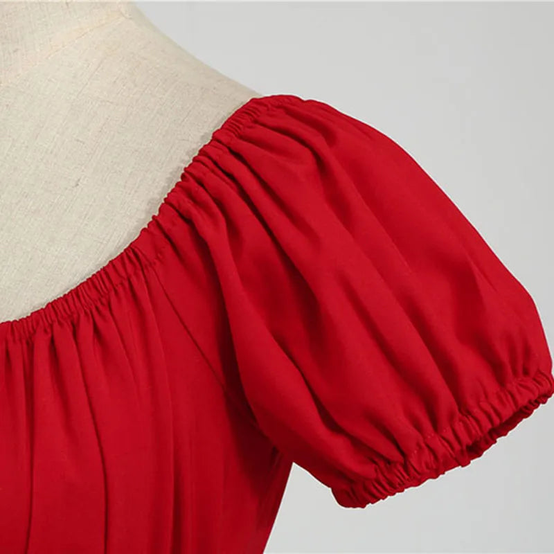 Women Vintage Dress Robe Elegant Party  Casual Office Midi Dress Femme Summer Puff Sleeve Square Collar Solid Red