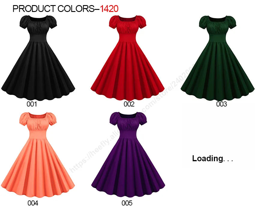 Women Vintage Dress Robe Elegant Party  Casual Office Midi Dress Femme Summer Puff Sleeve Square Collar Solid Red