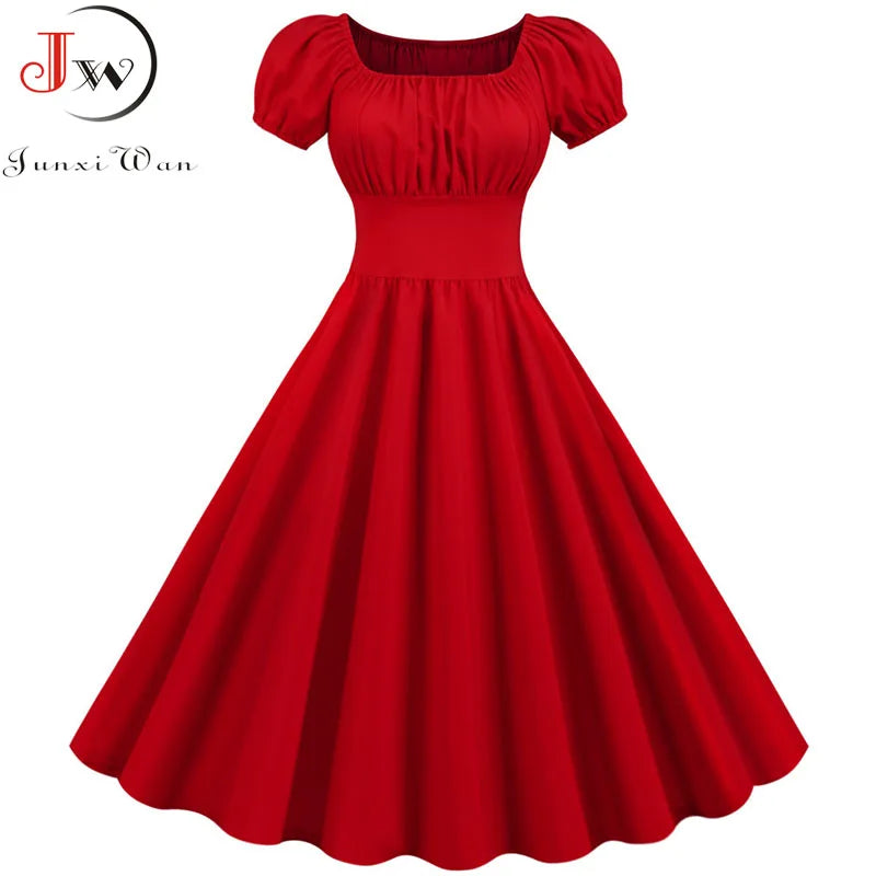 Women Vintage Dress Robe Elegant Party  Casual Office Midi Dress Femme Summer Puff Sleeve Square Collar Solid Red